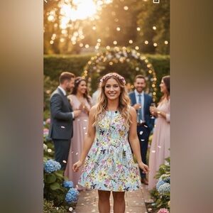 Amazing Floral and Birds Scuba Fit Flare Dress-L NWT